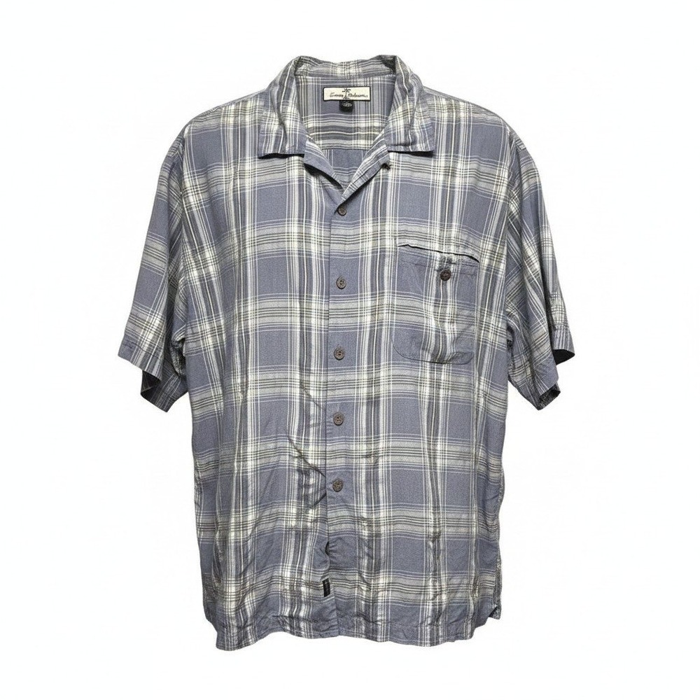 Tommy Bahama Mens Silk Plaid Short Sleeve Button Up Shirt XL Blue FLAW Resort